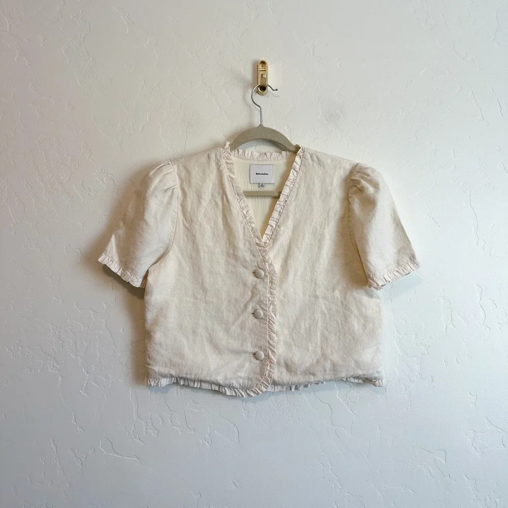 Reformation | Bess 100% Linen Puff Sleeve Ruffle Top in Sugar Cream | Size Med